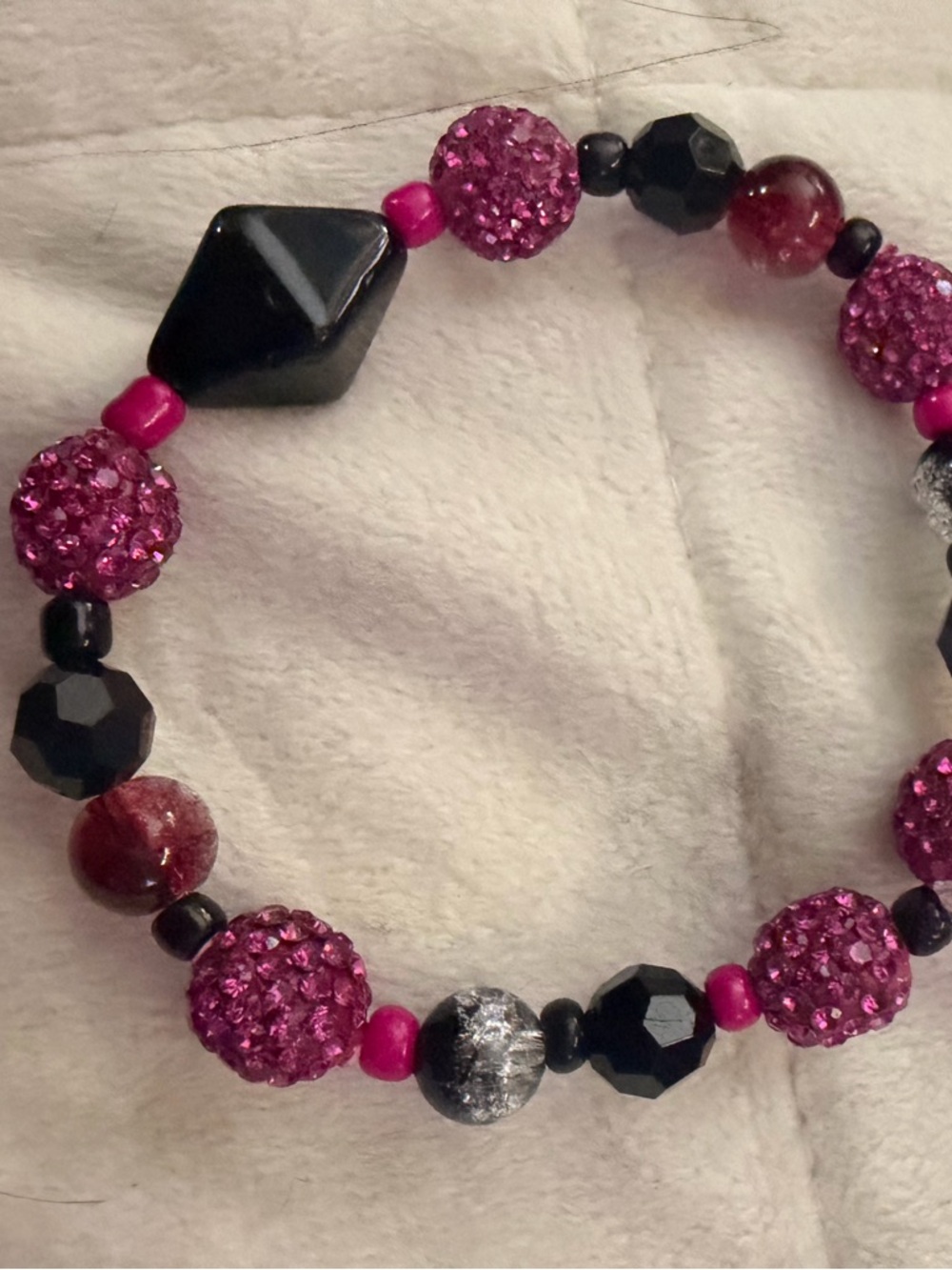 Handmade Hot Pink and Black Beaded Stretch Bracelet - Unbranded